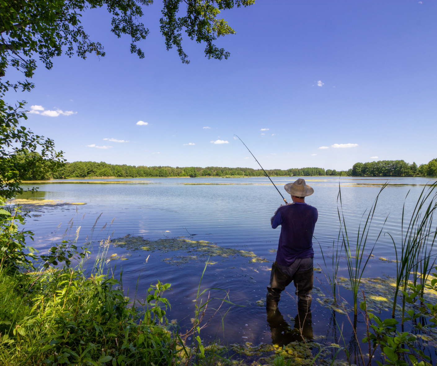 Une personne portant un chapeau de paille et des cuissardes p&ecirc;che dans une rivi&egrave;re calme bord&eacute;e d'arbres, sous un ciel bleu d&eacute;gag&eacute;.